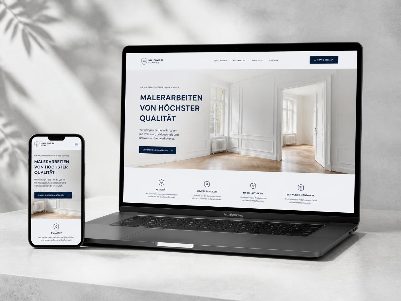Designbeispiel einer modernen Maler-Website auf Laptop und Smartphone