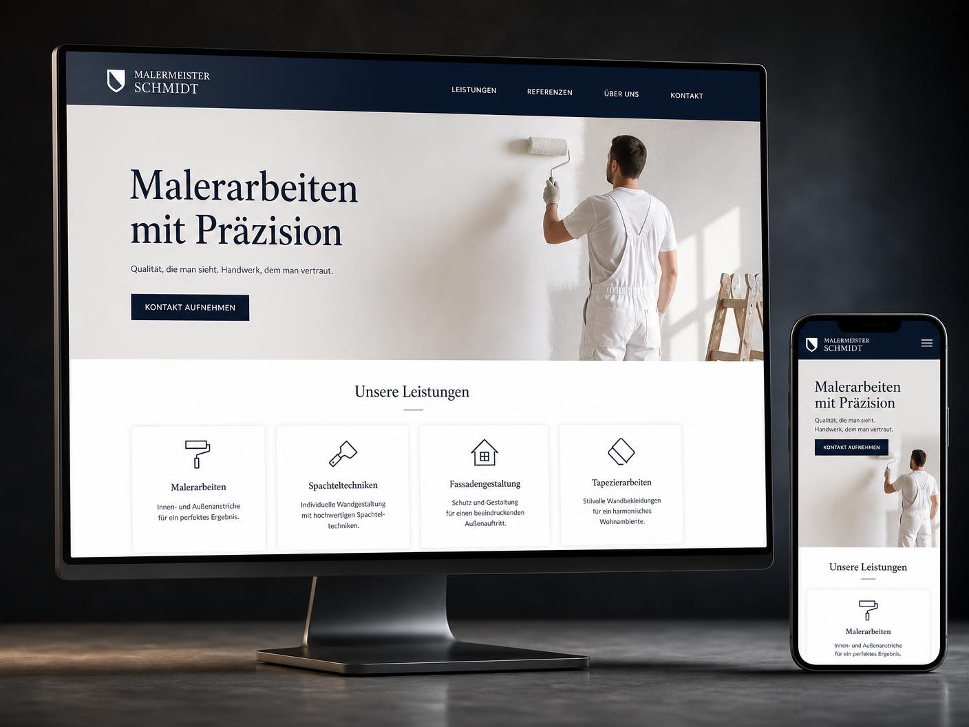 Designbeispiel einer Maler-Website auf Bildschirm und Smartphone